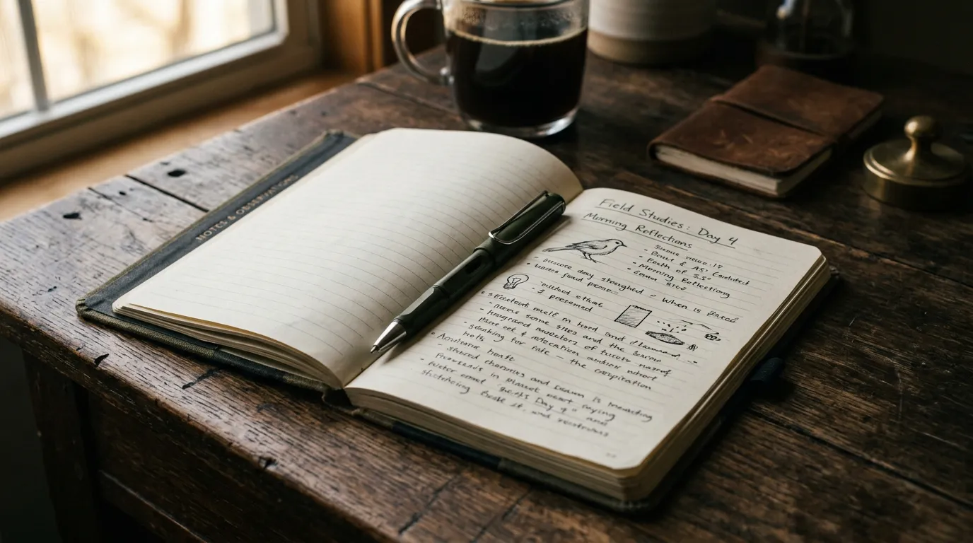 Caderno aberto com uma caneta em cima, sobre uma mesa de madeira